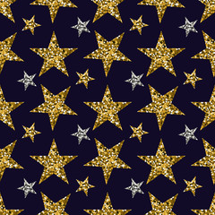 Wall Mural - Gold and silver stars on blue background.