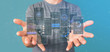© Production Perig - Businessman holding User interface screens with icon, stats and data 3d rendering