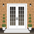 © cosveta - House door front with doorstep and steps, lamp, flowers in pots, building entry facade, exterior entrance with brick wall design illustration vector in flat style