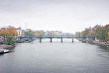 Fototapeta Paryż - Panorama view of the bridge Pont des Arts and river Seine in Paris, France in the winter season.