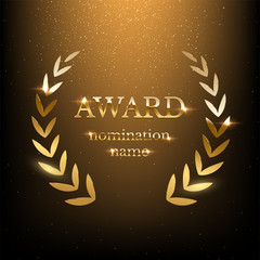Wall Mural - golden shiny award sign with laurel wreath isolated on dark luxury background. vector illustration.