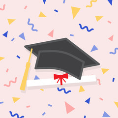 black graduate cap, diploma scroll and colorful confetti in outline cartoon