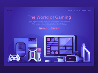 Online gaming landing page template with VR headset, controllers, PC system unit and other devices. Playing computer games web banner. Augmented reality and online game playing web illustration.