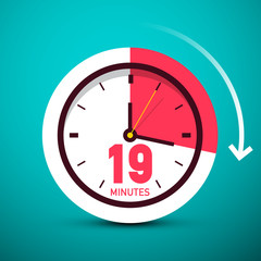 Wall Mural - 19 Nineteen Minutes Clock Icon. Vector Time Symbol with Arrow.