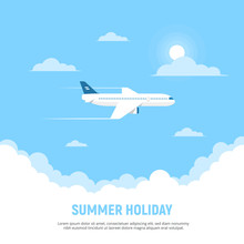 Flying Airplane And Clouds On Blue Sky Background. Concept Travel And Holidays. Vector Illustration In Flat Style
