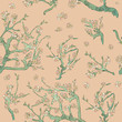 Spring almond branch, flowers pattern in vector. Blooming tree vintage. Boho style. By pictures Vincent Van Gogh almond branch retro.