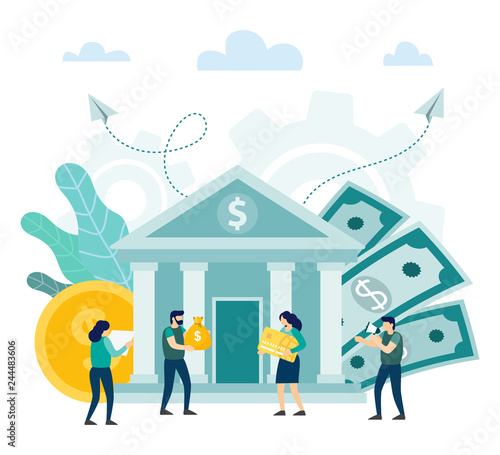 Fotomural Bank building with people. Happy client investors
