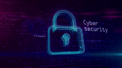 Cyber security abstract concept seamless and loopable animation. 3D contour of padlock icon. Computer safety symbol on digital background.