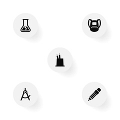 Set of 5 education icons set. Collection of pencil stand, dividers measurement, schoolbag elements.
