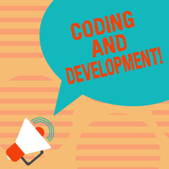 Word writing text Coding And Development. Business concept for To program or create a software or any application Megaphone with Sound Volume Icon and Blank Color Speech Bubble photo