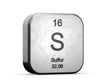 Sulfur element from the periodic table. Metallic icon 3D rendered on white background