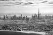 Aerial view of Dubai skyline in black and white, United Arab Emirates
