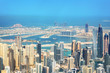Aerial view of Dubai Marina skyline, Palm Jumeirah in the background, United Arab Emirates