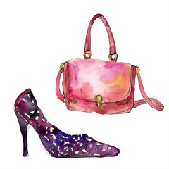 Bag and shoe sketch fashion glamour illustration. Watercolor background set. Isolated illustration element.