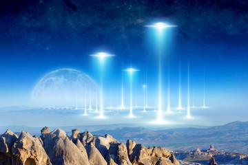 Wall Mural - alien arrival on planet earth, full moon rises above the horizon