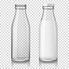 Realistic Transparent Empty And Full (with Milk) Glass Bottles, Isolated On Transparent Background.