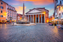 Pantheon, Rome. Cityscape Image Of Rome With Pantheon During Beautiful Sunrise.