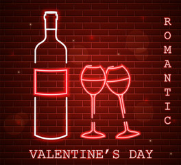 Wall Mural - Neon Valentine day card with wine bottle and glasses. Red romantic dinner symbol in neon light Vector. Valentine day celebrate. Modern graphic brick backgrounds