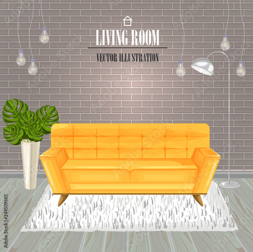 Modern Living room yellow sofa watercolor Vector. Interior design templates