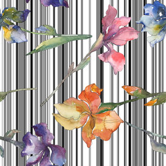 Canvas Print - Purple, red, orange and blue irises flower. Watercolor background set. Seamless background pattern.