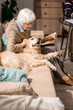 © Seventyfour - Portrait of adorable senior woman hugging dog sitting on couch and enjoying retirement in living room lit by sunlight