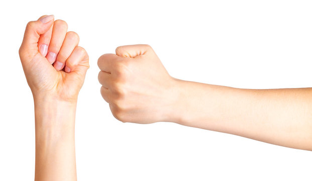 set of woman clenched fist. concept of unity, fight or cooperation