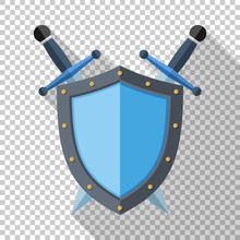 Shield And Two Crossed Swords Icon In Flat Style With Long Shadow On Transparent Background