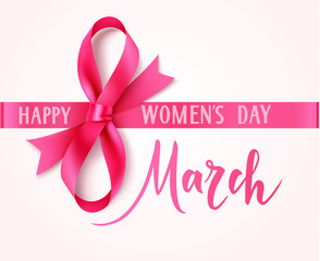 Wall Mural - 8 march. happy womens day. decorative pink bow with horizontal ribbon. vector illustration