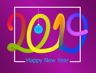 Poster - 2019 Happy New Year greeting card or web banner. Hand drawing letters. Purple background with colorful neon word.