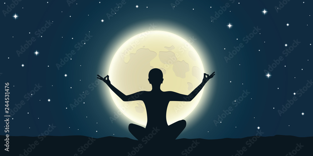 peaceful meditation at full moon and starry sky vector illustration EPS10 - obrazy, fototapety, plakaty 