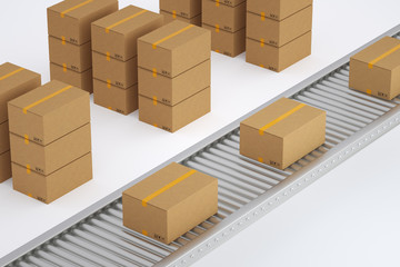 Conveyor with many cardboard boxes. Package delivery concept. 3D rendered illustration