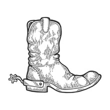Cowboy Boot With Spur Engraving Vector Illustration. Scratch Board Style Imitation. Black And White Hand Drawn Image.
