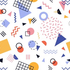Aufkleber - Modern seamless pattern with colorful lines and geometric shapes on white background. Trendy abstract backdrop. Vector illustration in retro style for wrapping paper, wallpaper, textile print.