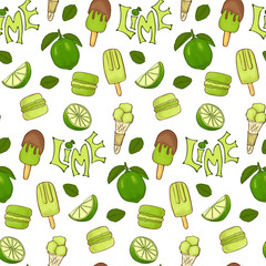 Wall Mural - Delicious ice cream and lime color seamless vector handdrawn pattern.