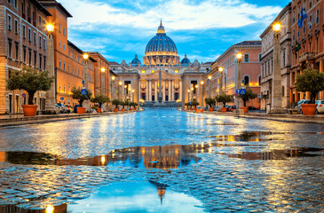st. peter's basilica in the evening from via della conciliazione in rome. vatican city rome italy. r