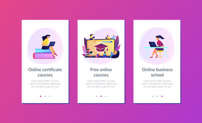 Wall Mural - Students with laptops studying and huge laptop with graduation cap. Free online courses, online certificate courses, online business school concept. Mobile UI UX GUI template, app interface wireframe