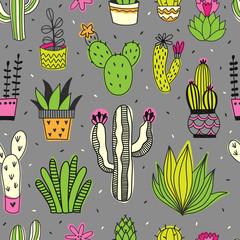 Wall Mural - Cacti and succulents seamless vector pattern. Background with tropical flowers and plants