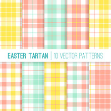 Easter Yellow, Mint And Coral Tartan Plaid Vector Patterns. Pastel Color Backgrounds. Flannel Shirt Textile Prints. Repeating Pattern Tile Swatches Included. Living Coral - 2019 Color Of The Year.