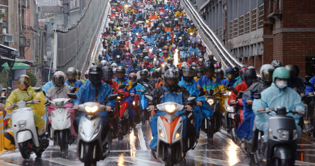 Poster - Crowded of scooter in taipei city at rain day