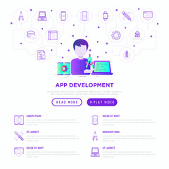 Wall Mural - app development web page template: developer coding on laptop. flat gradient icon. modern vector ill