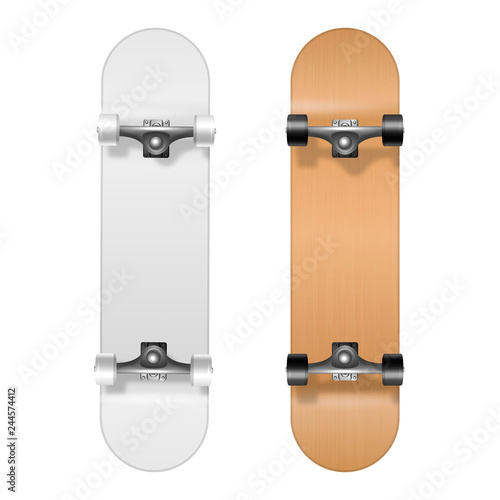 Skateboarding Vector Realistic 3d White And Wooden Blank Skateboard Icon Set Closeup Isolated On White Background Design Template Of Skate Board Showing The Bottom For Mockup Top View Buy This Stock