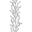Vector vertical seamless pattern with outline blossoming Willow twigs in black on the white background. Branch with blooming pussy Willow in contour style for spring design and Easter coloring book.