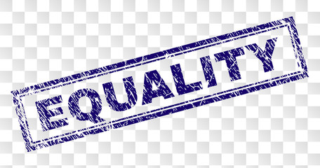 EQUALITY stamp seal print with rubber print style and double framed rectangle shape. Stamp is placed on a transparent background. Blue vector rubber print of EQUALITY caption with unclean texture.