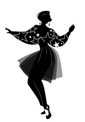 Silhouette of woman dancing new wave music wearing clothes in the style of the 80s isolated on white background