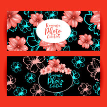 Horizontal Flyers Or Brochure Design With Decorative Oval Frame And Cherry Pink Flowers Pattern. Vector Presentation On The Red Background