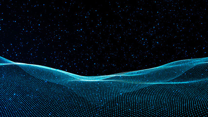 Wall Mural - Music abstract background blue. Abstract polygonal low poly wave background with connecting dots and lines.Particle placement with hanging dots in space. Large data background .3d rendering.