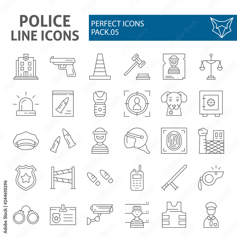 Police thin line icon set, security symbols collection, vector sketches ...