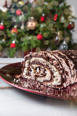 Belgian Chocolate Meringue Roulade filled with whipped cream and