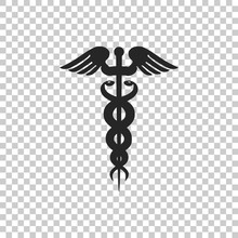 Caduceus Medical Symbol Icon Isolated On Transparent Background. Medicine And Health Care Concept. Emblem For Drugstore Or Medicine, Pharmacy Snake Symbol. Flat Design. Vector Illustration