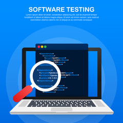 Sticker - Software testing. Software development workflow process coding testing analysis concept. Vector illustration.